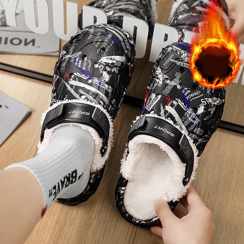 Herbst und Winter Herren Baumwoll-Schlupfschuhe mit Fleecefutter für draußen, Geschlossene warme Sandalenschuhe, Tägliche Schlupfschuhe