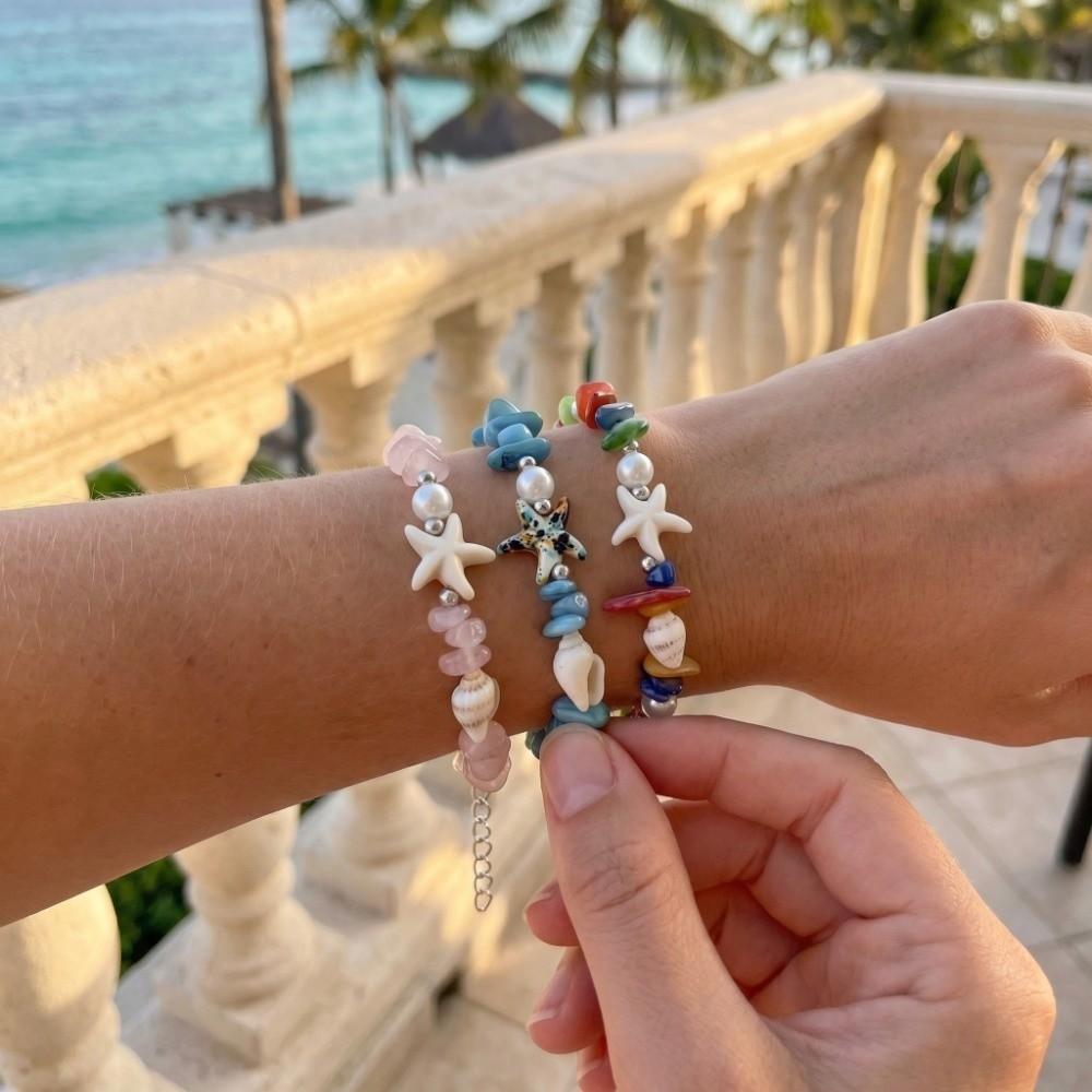 Vintage Ocean Sea Series Shell Starfish Bracelet Pearl Colorful Beach Beads Bracelet Wristband Adjustable Summer Bangle Vacation
