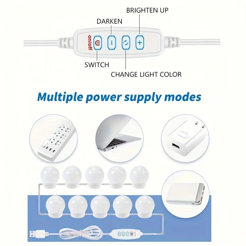 LED Mirror Makeup Light - Adjustable Bulbs, Color And Brightness Adjustable, USB Cable For Makeup Enthusiasts - Perfect for Vanity, Bedroom Bathroom