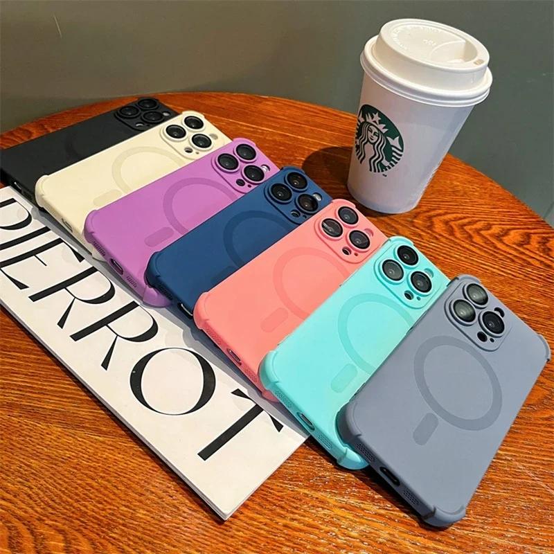 For Magsafe Phone Case for iPhone 15 Pro Max 14 Plus 13 Pro 12 11 Pro Max Airbag Silicone Shockproof Soft Cover for iPhone 15 Plus 14 Lens Protector
