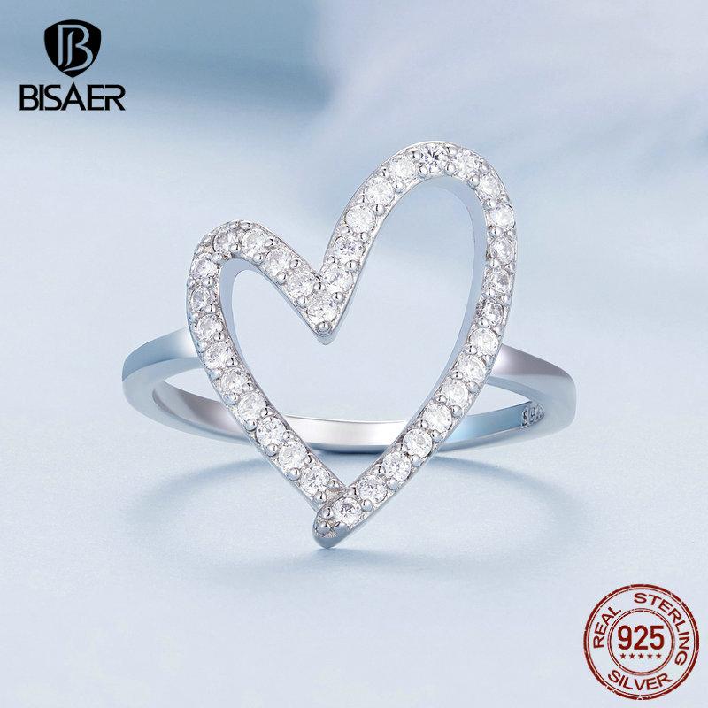 Bisaer 925 Sterling Silver Simple Heart-shaped Finger Ring for Women Anniversary Valentine's Day Gift Cubic Zirconia Jewelry
