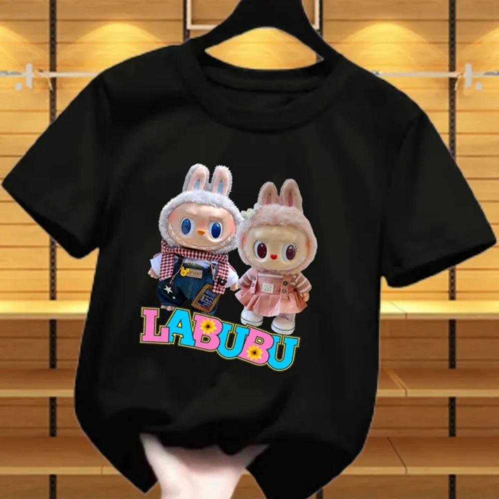 New Labubu Children's T-shirt Scarf LABUBU and Skirt LABUBU Pattern Girl Round Neck Short Sleeve Casual Versatile Clothing