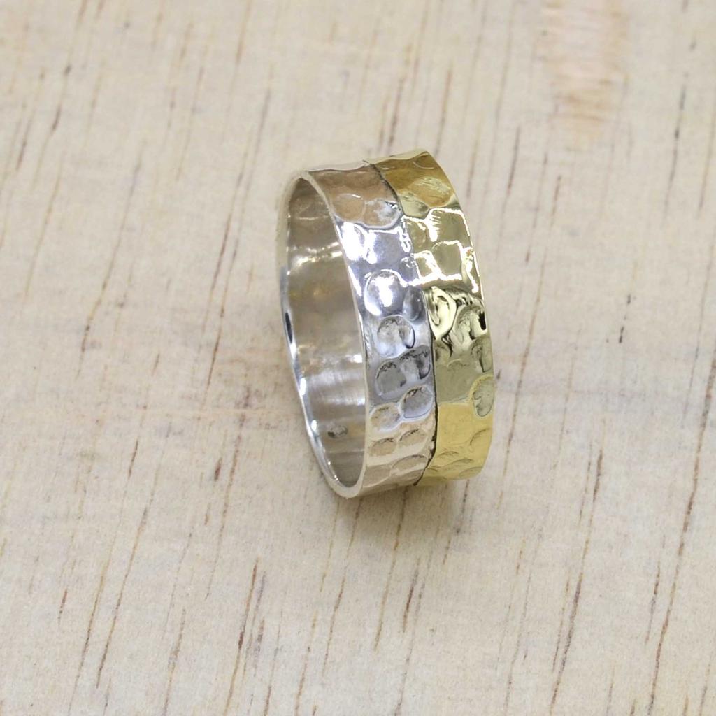 Two Tone Band Silver Ring For Man Engagement Jewelry, Sterling Solid Silver Hammered Handmade, Unique Gift For Him