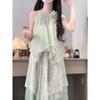 Seaside Vacation Mint Green Sleeveless Neck Dress Irregular Lace Splicing Loose Temperament Long Dress Summer