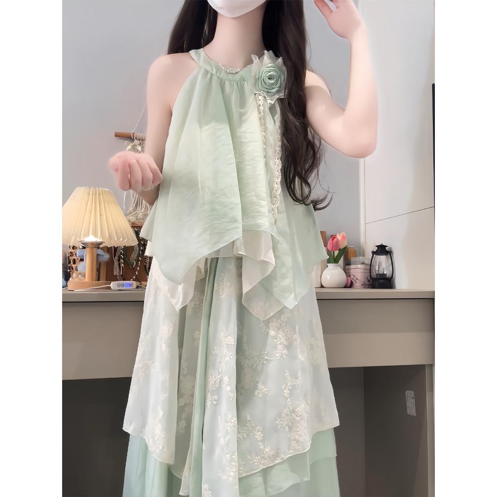 Seaside Vacation Mint Green Sleeveless Neck Dress Irregular Lace Splicing Loose Temperament Long Dress Summer