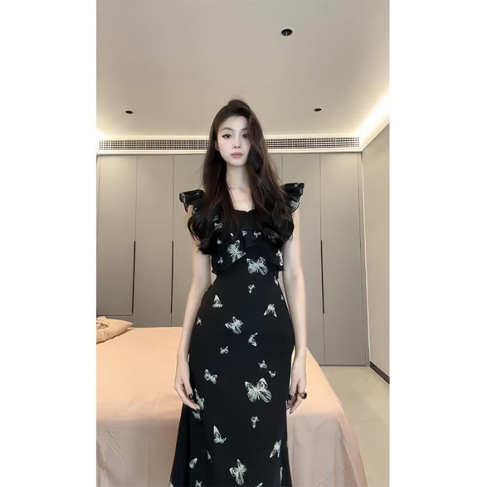 

French retro flying sleeve printing dress women s lotus leaf edge wasteland wind waist thin black bow dress XL