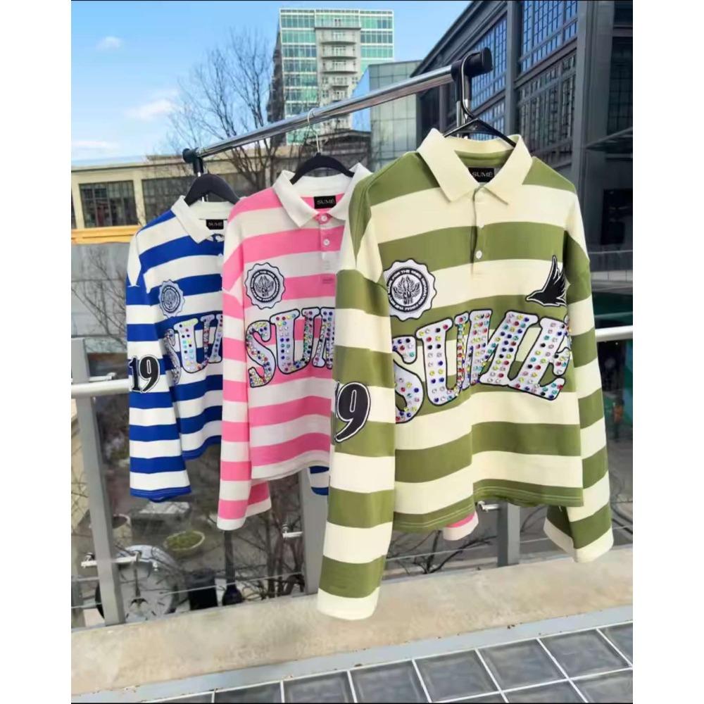 RogueWave Hip Hop Embroidery Stripe Polo Shirt Y2k Retro Fashion Classic Lapel Neck Shirt Long Sleeved T Shirt