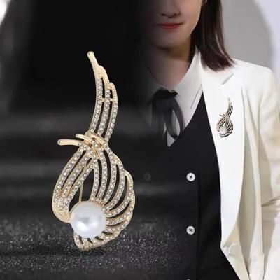 Rhinestone Wings Pearl Feather Brooches for Women Weddings Banquet Party Badges Clothing Jewelry Accessories Pins