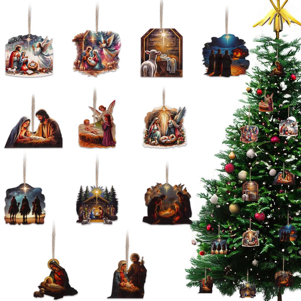12Pcs Nativity Sets Christmas Ornaments Wooden Hanging Nativity Scene Ornament Birth Of Jesus Religious Christmas Tree Decoratio