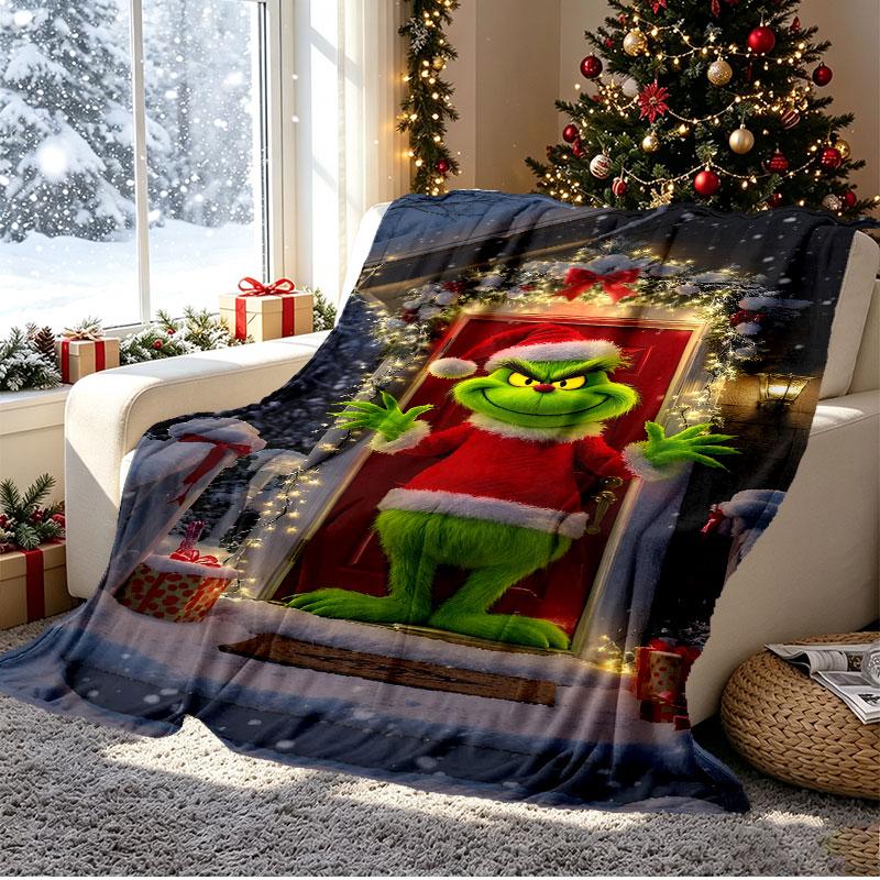 The Grinch Pattern Blanket for Home Decoration, Bed, Sofa, Car Travel, Camping, Suitable for All Seasons, Birthday Christmas Gift