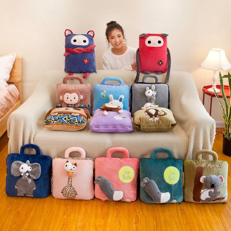 2-in-1 Pillow Blanket Office Nap Mat Multi-functional Cartoon Air-conditioner Cover Car Use Flannel Blanket Chair Cushion