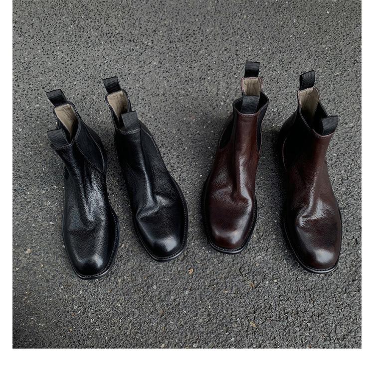 Handmade Cowhide~ Grape Mother Same British Style Chelsea Boots Women's Retro Leather Martin Boots Cigarette Tube Short Boots