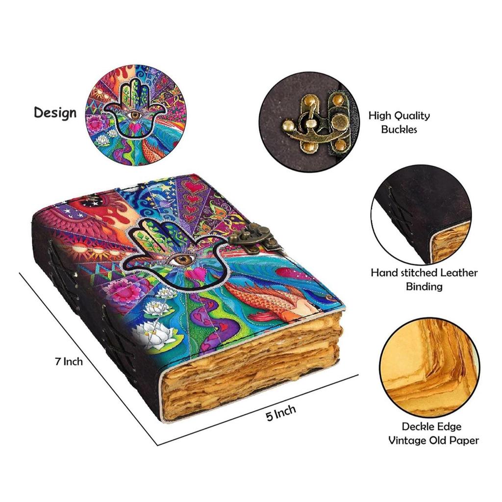 Leather Hamsa Hand Printed Diary Vintage Old Pages Diary for Office & Personal Use (7 X 5 Inch)