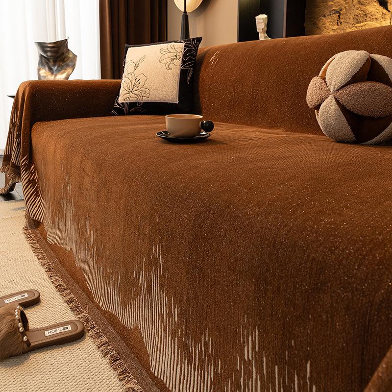 Vintage Chenille Sofa Throw Cover, Reversible Elegant Beige & White Pattern, Tassels Detail, Fits Armchairs To 4-Seater Sofas Couch Covers Reversible