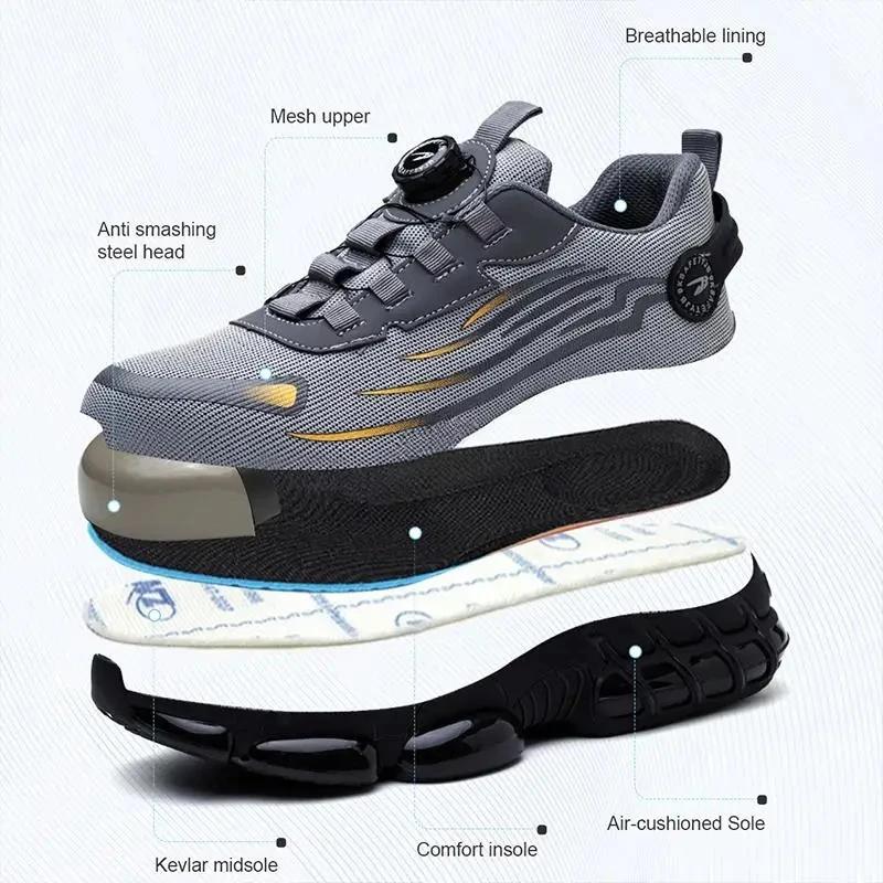 Fashion Rotary Button Safety Shoes Men Steel Toe Sneakers Puncture Proof Work Safety Boots Air Cushion Sport Work Shoes Anti-smash Boots