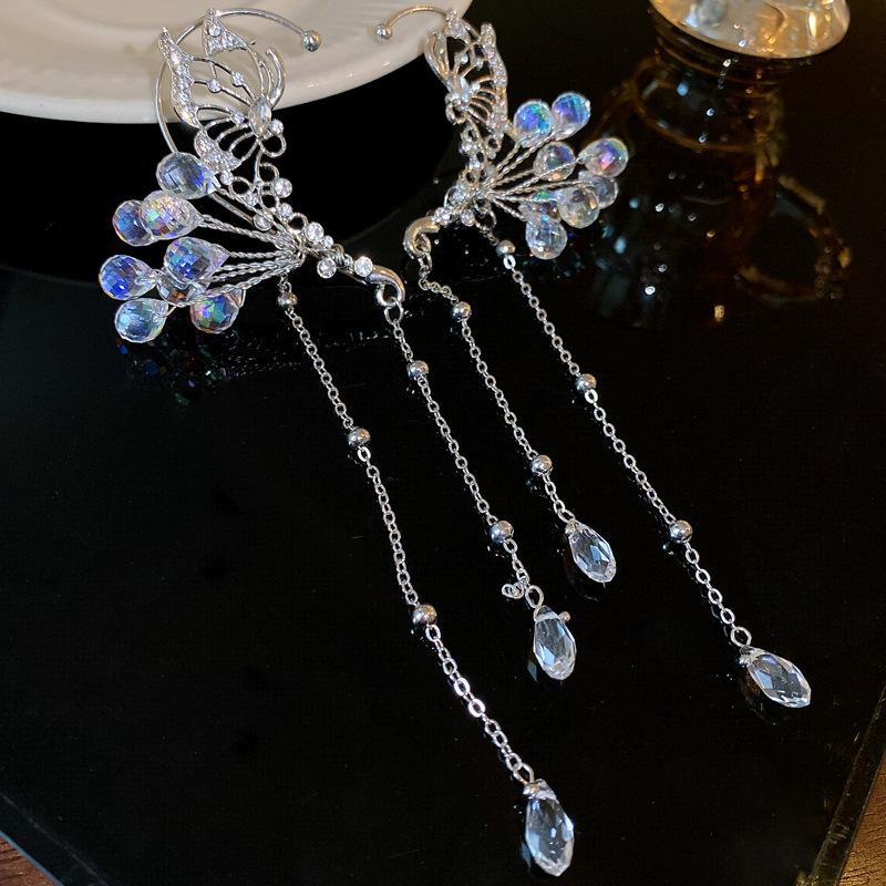 Ice quenched blue flower artificial crystal fringed earrings Cool wind temperament stud earrings Internet celebrity earrings