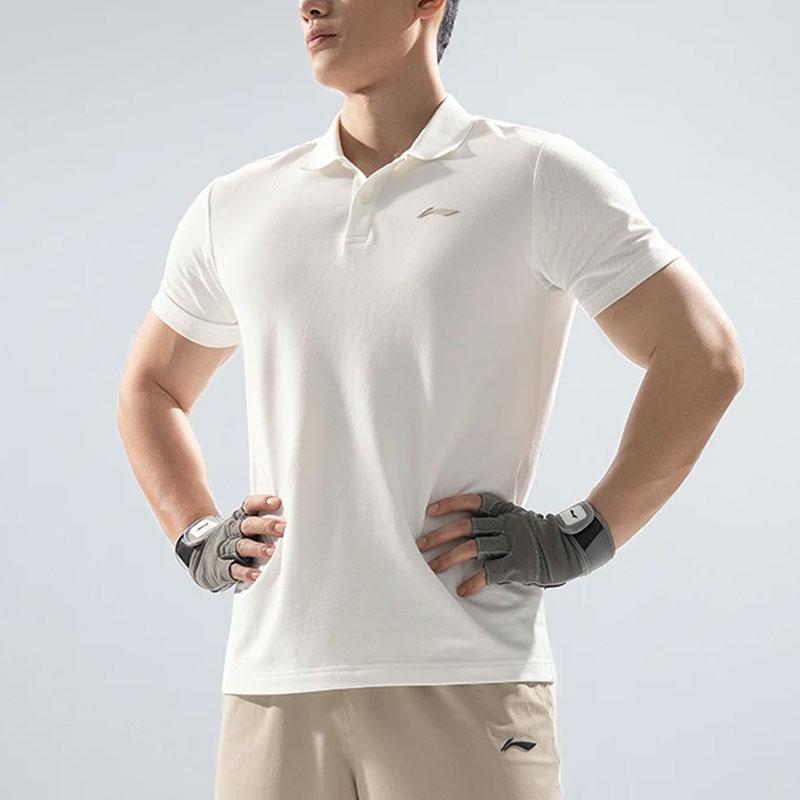Li Ning Fitness Series Solid Color Durable Short Sleeve Polo Shirt Men Tops Off-White APLU117-2