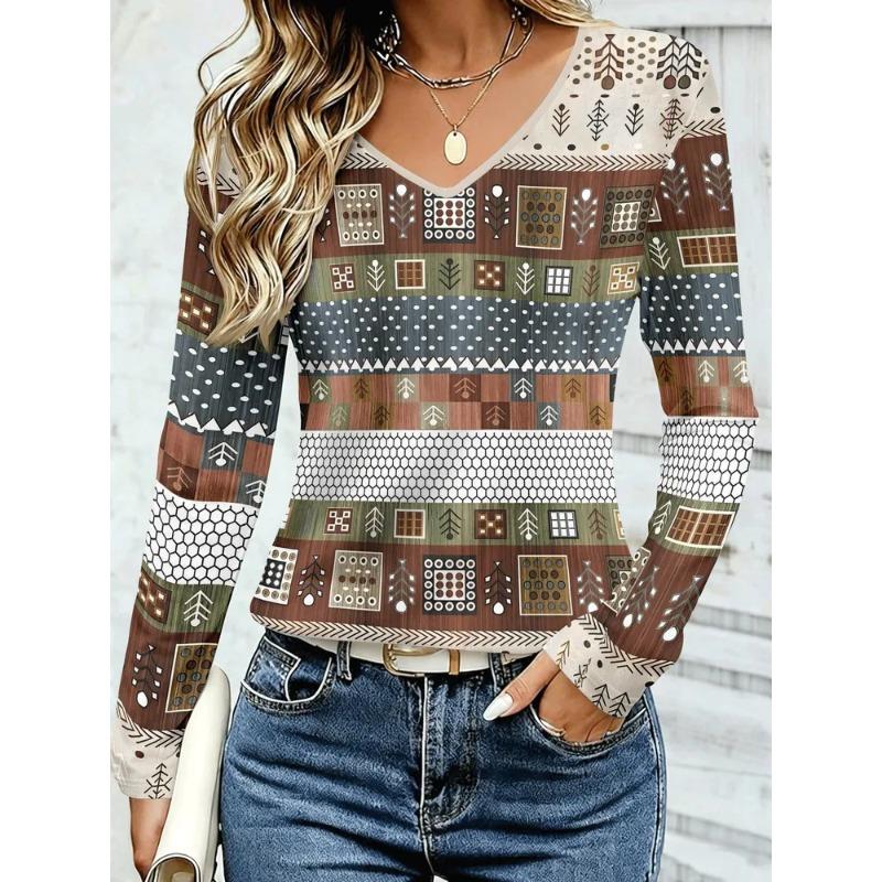 Autumn Women's 3D Stripe Printed V-Neck Long Sleeve T-Shirt Ethnic Style