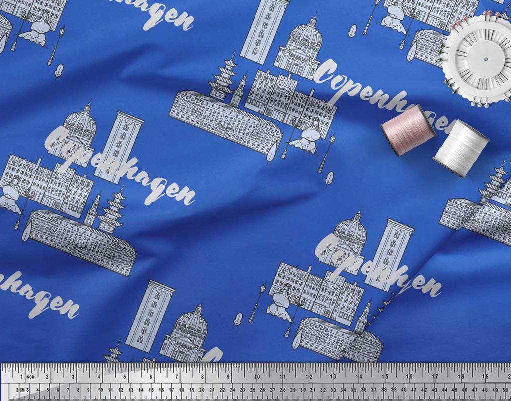 Soimoi Blue Japan Crepe Satin Fabric Sketch Monuments Architectural Printed Craft Fabric by the metre 42 Inch