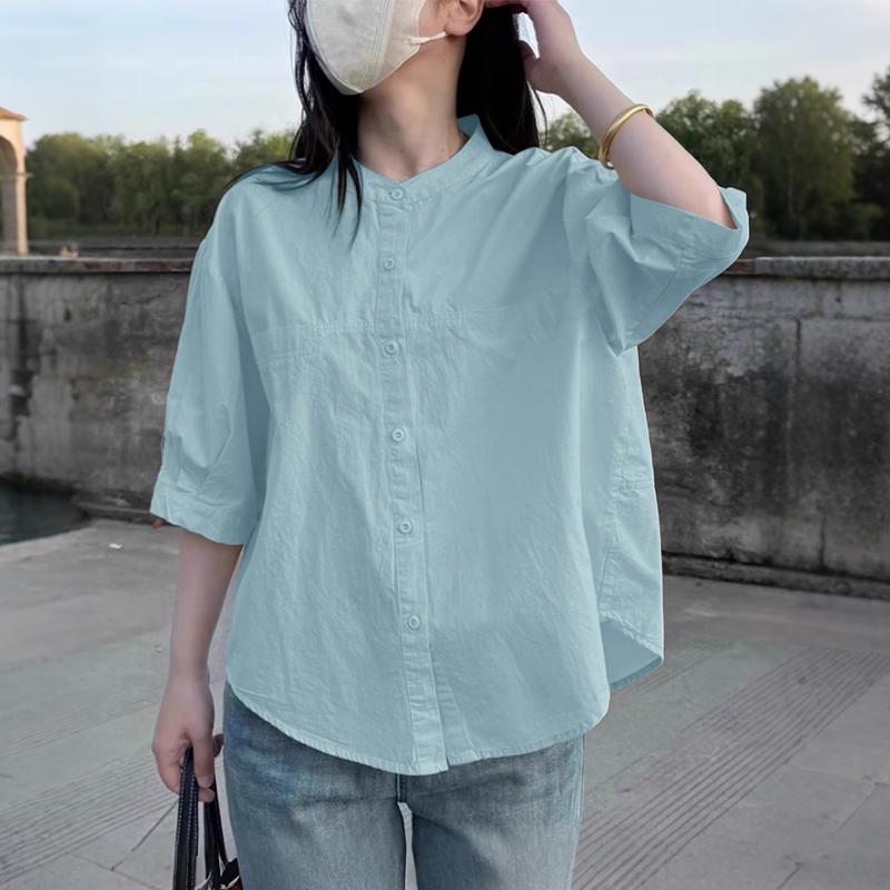 ZANZEA Women Casual Stand Collar Solid Color Half Sleeve Blouse