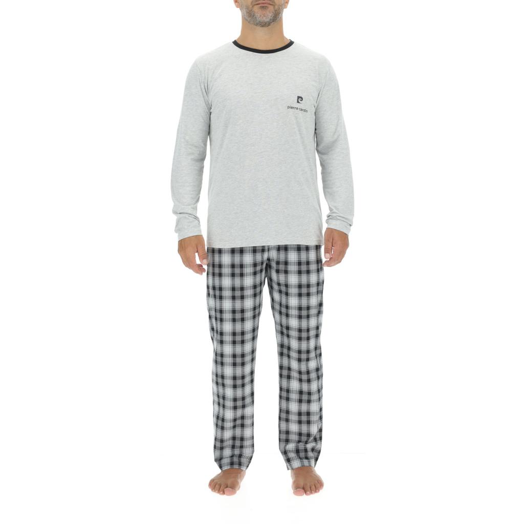 Ensemble Pyjama long homme en popeline à carreaux et Logo poitrine