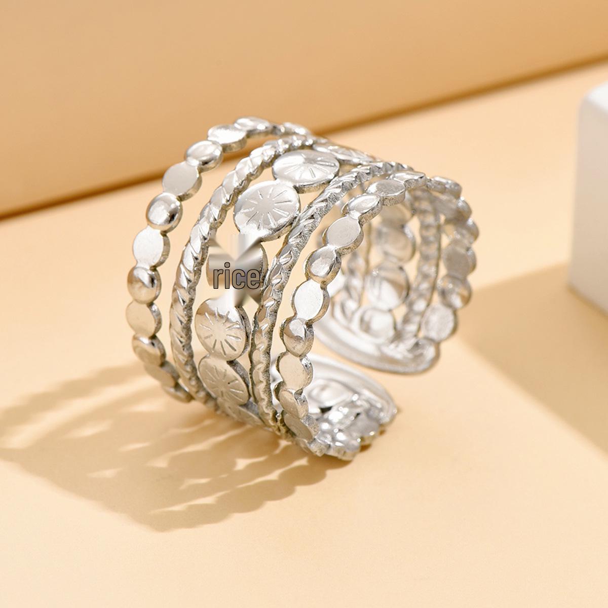 Retro Court Style Hollow Carved Stainless Steel Wide Band Ring for Women