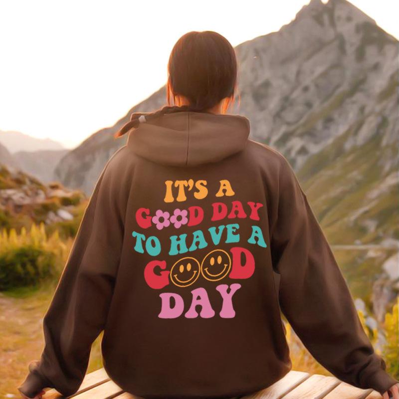 Plus Velvet Sweatshirt with Back Letter Print & Kangaroo Pocket