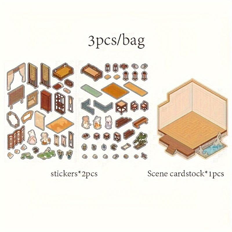 Mini 3D Szenen Sticker Pack Kawill Cartoon Tier Retro Chinesischer Innenhof Teich Arbeitszimmer Szene Sticker DIY Szenen Sticker
