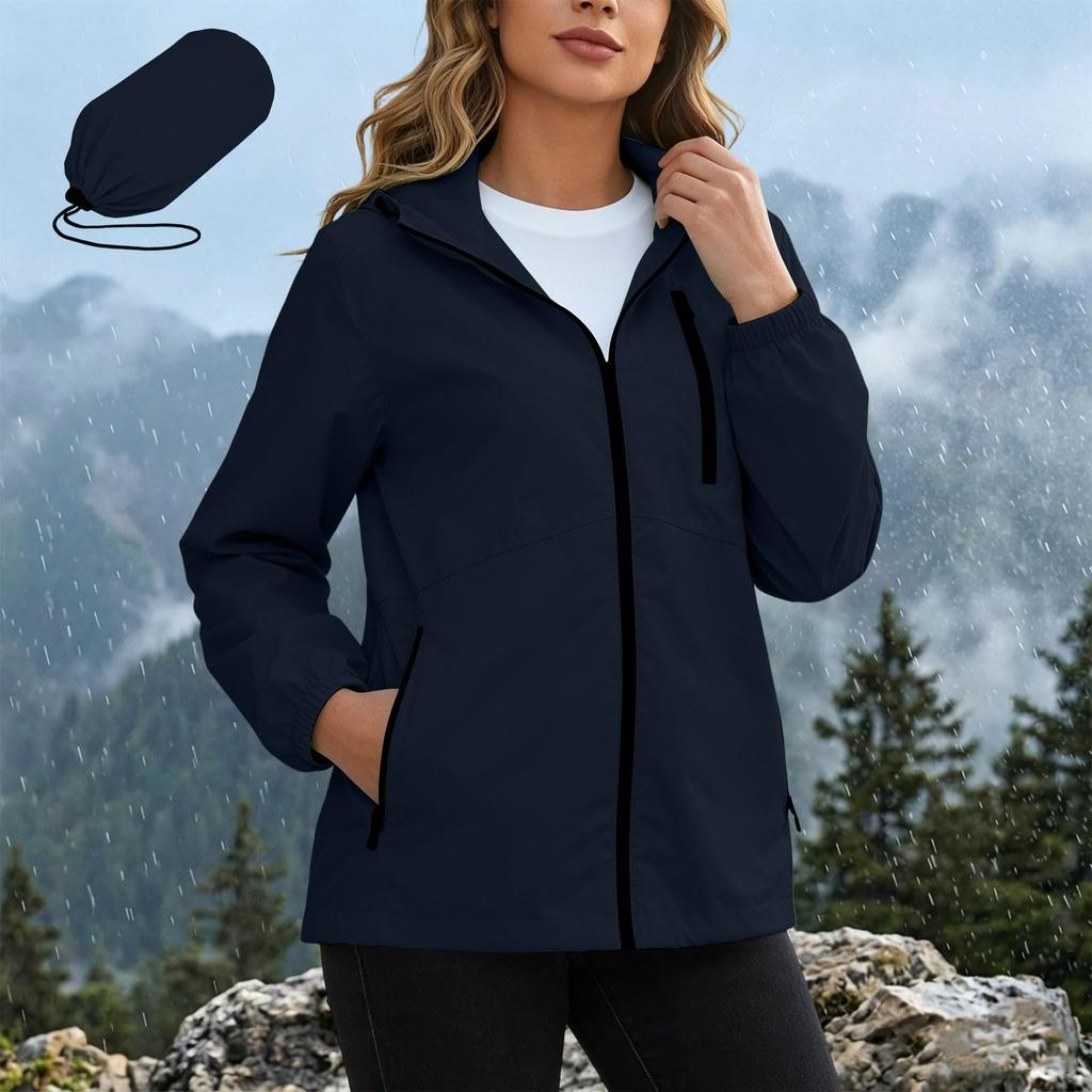 Women's Waterproof Windbreaker Jacket Hooded Outdoor Lightweight Zip Up Windproof Coat with Pockets for Hiking Camping