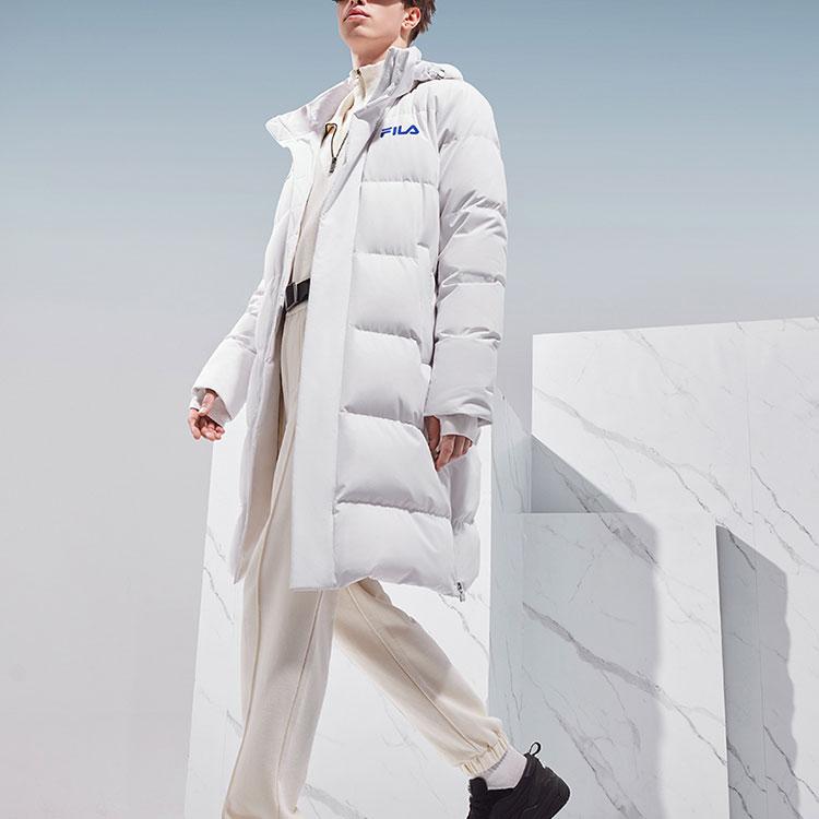 FILA Letter Zipper Hooded Long Down Jacket Men Outerwear Cold-Stone-White F51M349921A-WT