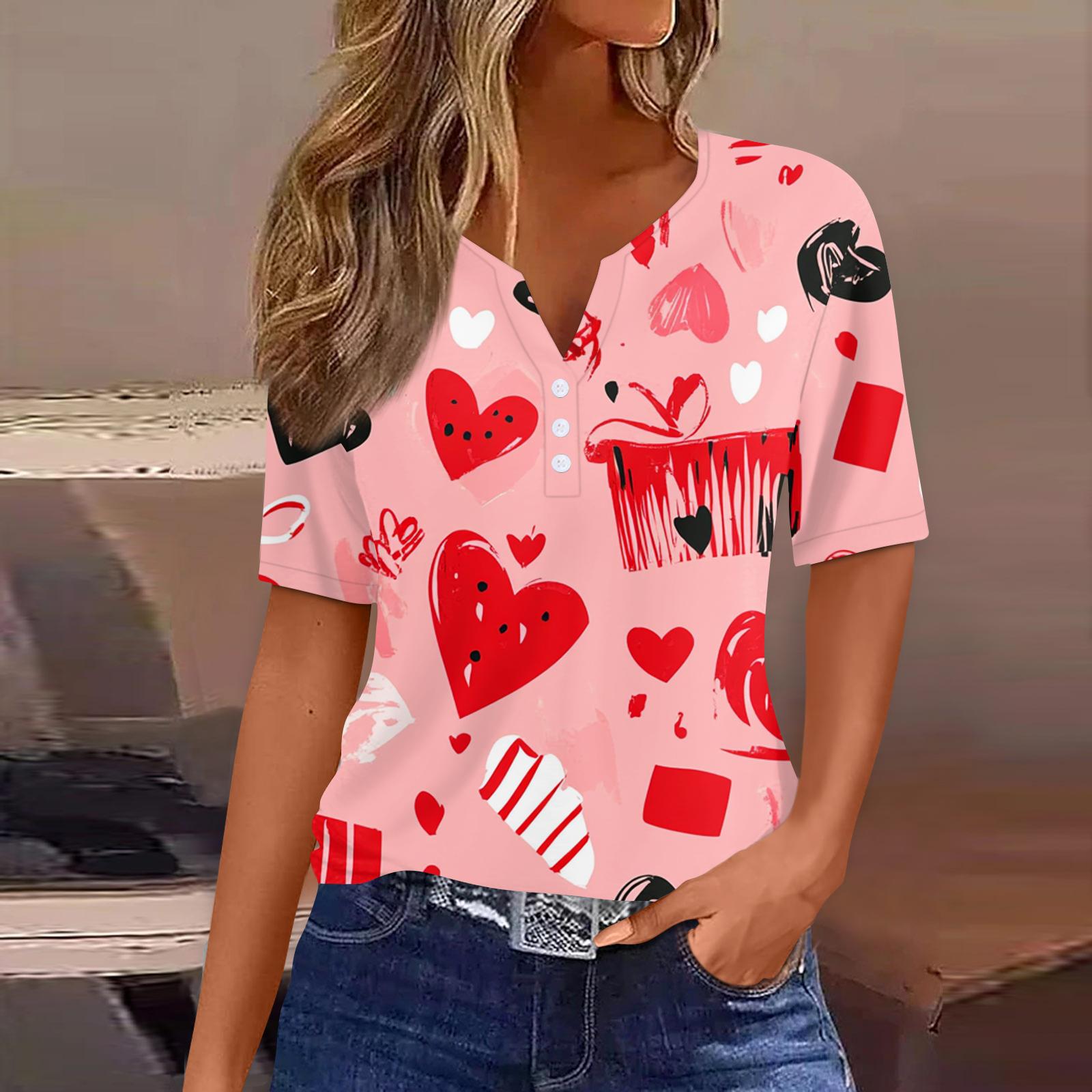 

Women s T Shirt Tee Print Button Short Sleeve Daily Weekend Fashion Basic V- Neck Regular Top Valentine s Day XL кавун червоний колір