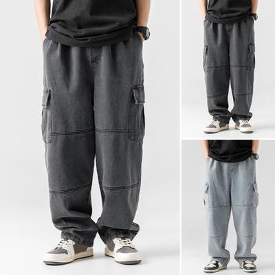 Herren Jeanshose Verstellbarer Kordelzug Design Gewaschener Stoff Jeanshose mit Taschen Locker Uni