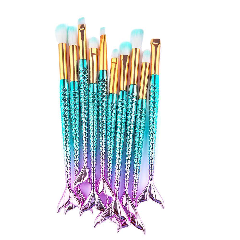 10 Parça Gradyan Deniz Kızı Makyaj Fırçası Seti - Büyük Balık Fondöten ve Balık Kuyruğu Göz Fırçalarını İçerir