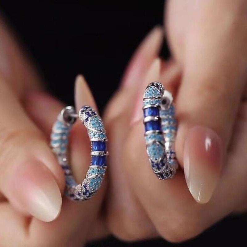 2026 New Arrival Luxury Elegant Bohemian Blue Zircon Enamel Hoop Earrings for Women Fashion Simple Geometry Party Jewelry Gifts
