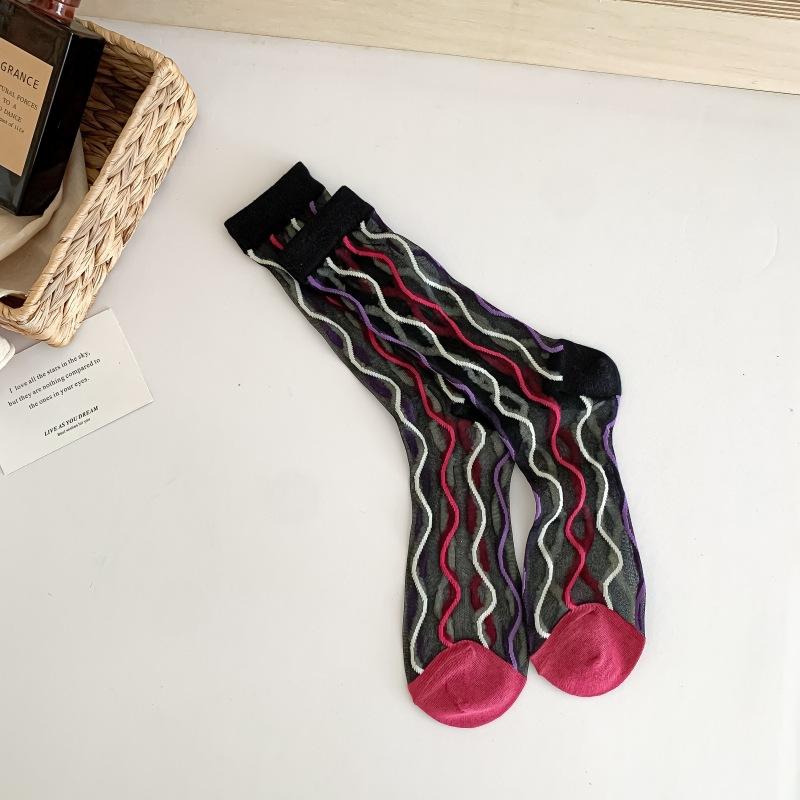 Crystal Silk Socks Women Summer Ultra-thin Transparent Elastic Nylon Long Socks Harajuku Vintage Floral Embroidery Kawaii Socks