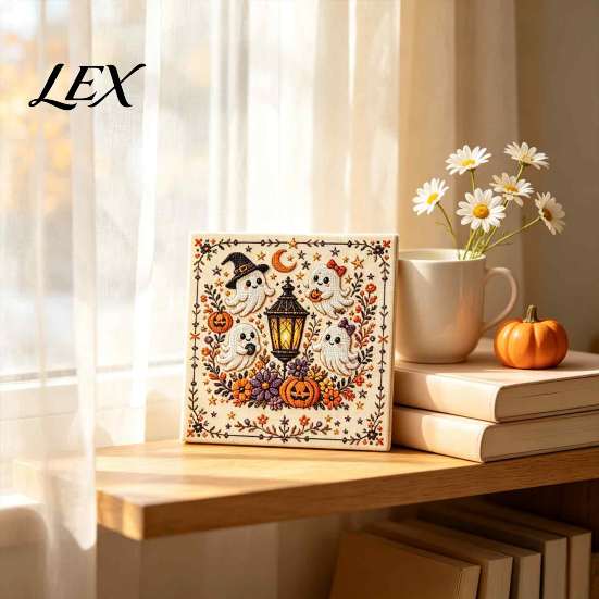 Traditional Folk Art Stitching Halloween Embroidery Kit, DIY Stitch Kit for Adults, Cute Witch Beginner Needlepoint Set Ghost Black Cat Pumpkin