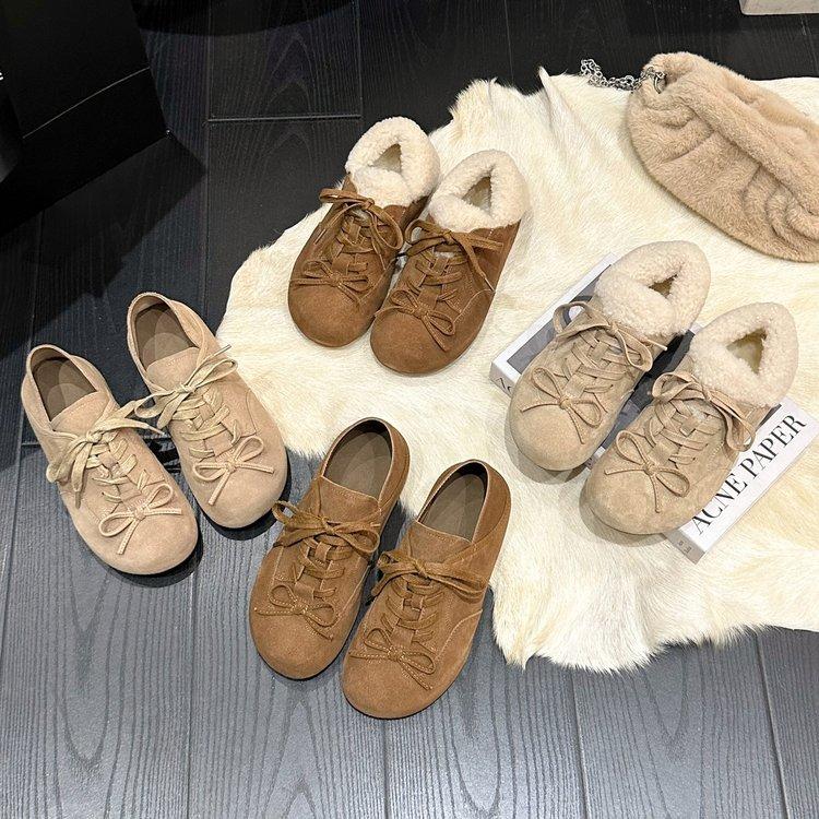 Dongba Sweet Bean~ Ugly cute velvet casual shoes for women's autumn new niche lace-up versatile cotton shoes