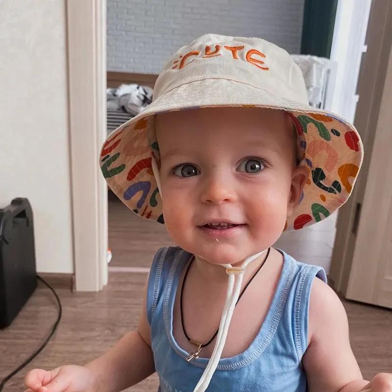 Boys Girls Fisherman Cap Spring Summer Outdoor Kids Sun HatDouble Sided Baby Bucket Hat Letter Embroidered