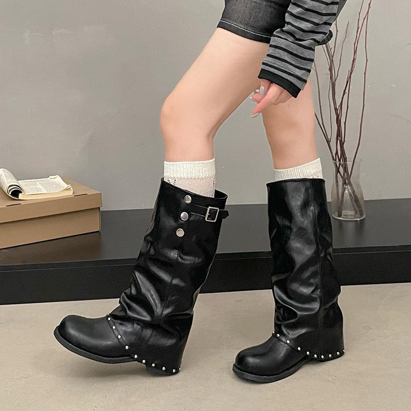 Retro stacking round head locomotive boots long boots autumn no boots new trousers long tube fashion women's rivets thick heel