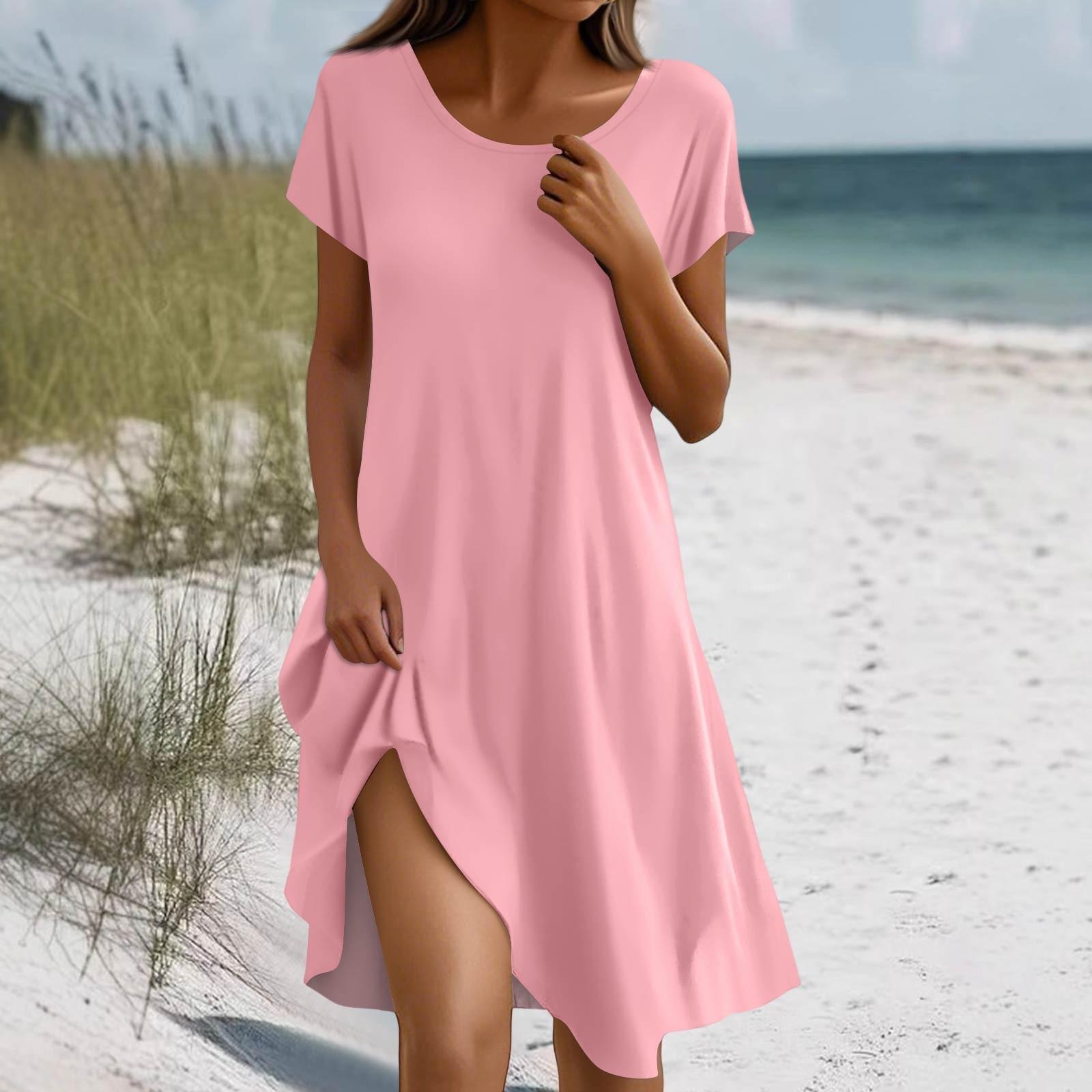 

Жіноча сукня в стилі бохо з коротким рукавом, повсякденна літня сукня вільного крою, плаття з квітковим принтом і кишенями L рожевий