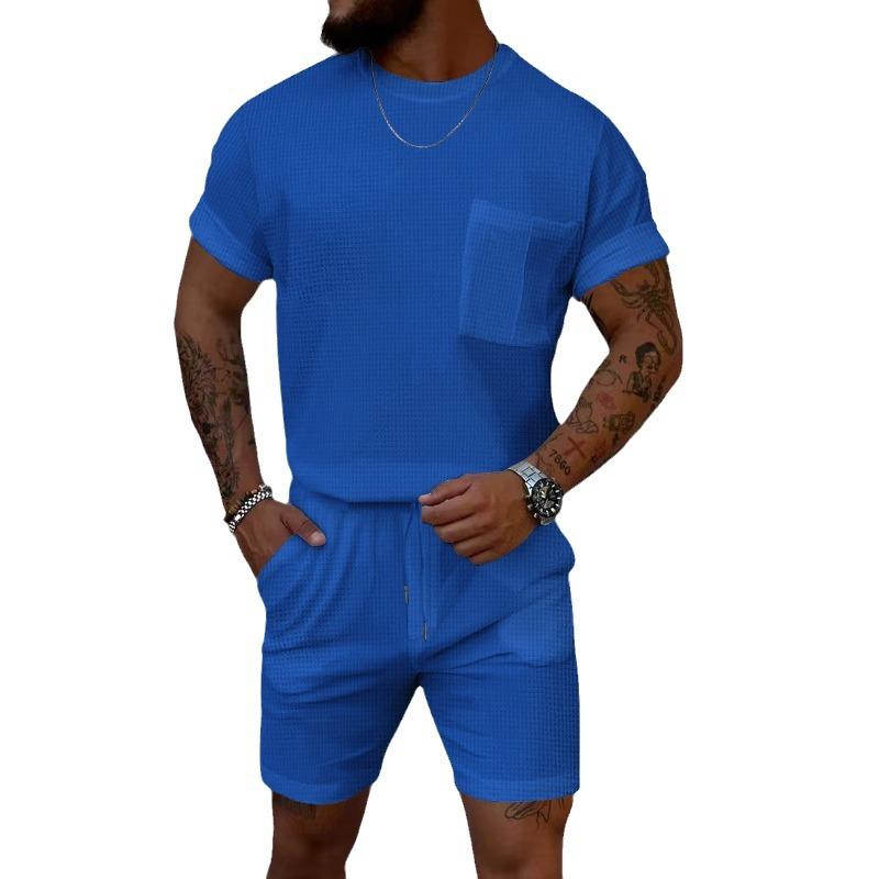 Summer Men's Trend Waffle Crew Neck Pocket Short Sleeve Shorts Casual Sports Cover