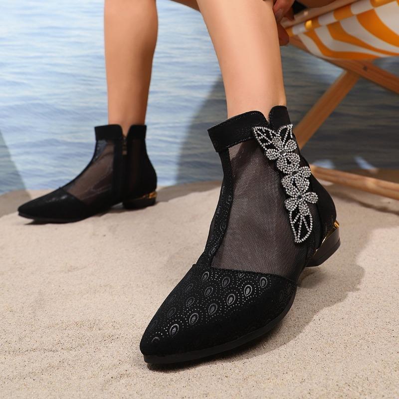 Fashion Women's Low-heeled Cool Boots Fashion Pointy Side Zipper Sequin Mesh Breathable Soft-soled Non-slip Ankle Boots