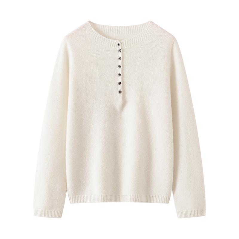 Lekasha Women's 7-Gauge Cashmere Half-Zip Round Neck Button-Up Sweater