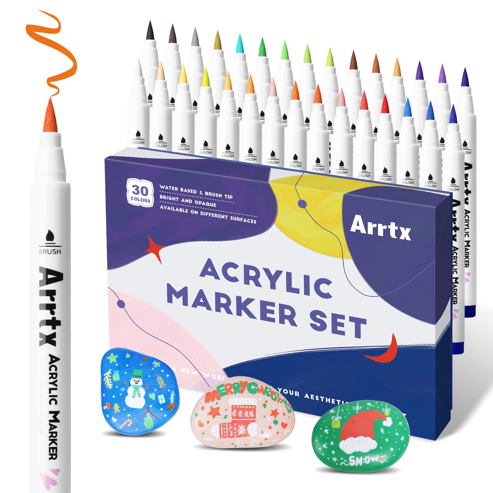 

Arrtx Acrylic Paint Pens for Rock Extra Brush Paint Marker Pens for Easter and Odorless 30-Color B-Style Painting, Tip, Water-Based Stone, Glass,