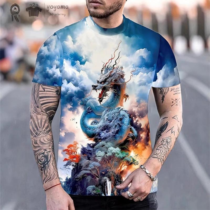 Men's Summer 3D Digital Printed Divine Dragon Round Neck Short Sleeved T-shirt