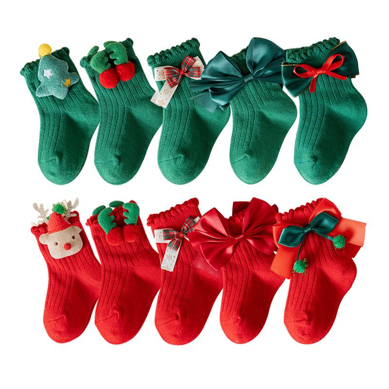 Children's Red Cartoon Christmas Socks - Cute Winter Girls' Princess Socks for New Year