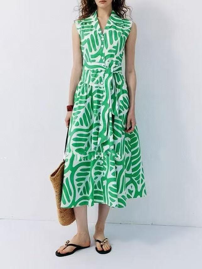 DVF Early Autumn Green & White Palm Leaf Dress with Waist Belt - Flattering Resort Fashion