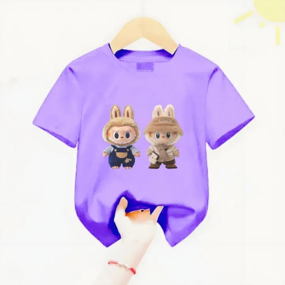 2025 New LABUBU Printed Short Sleeved Fashionable and Versatile Round Neck T-shirt Casual Cartoon Style Girl's Top