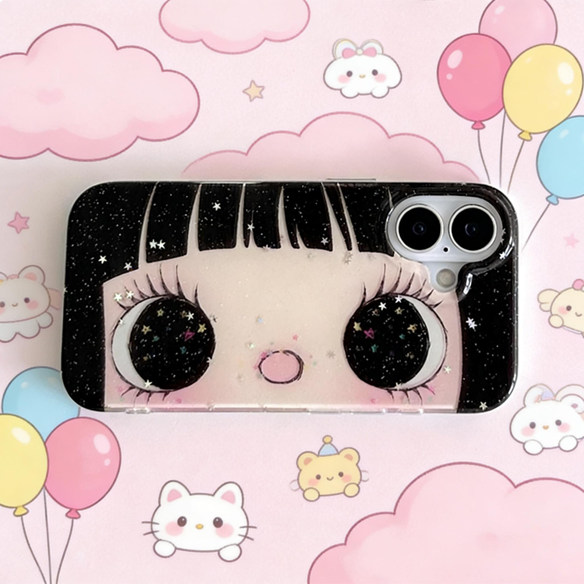 

HOT Clmj Korean Shinning Eyes Cute Phone Case for iPhone 17 16 15 14 13 12 11 Pro Max X Xs XR XSMax Air Plus Feather Texture iPhone 14 Pro