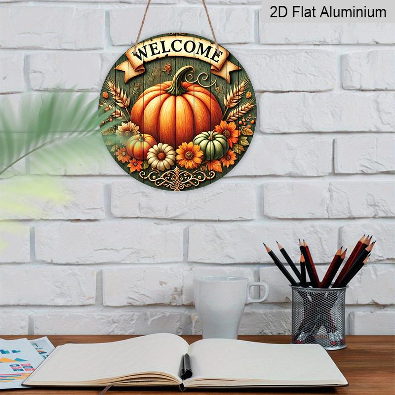 2D Flat, 1pc Aluminum Pumpkin Wreath Welcome Sign And Hanging Decor, Autumn And Thanksgiving Hanging Decoration, Suitable for Fall Harvest Greeting